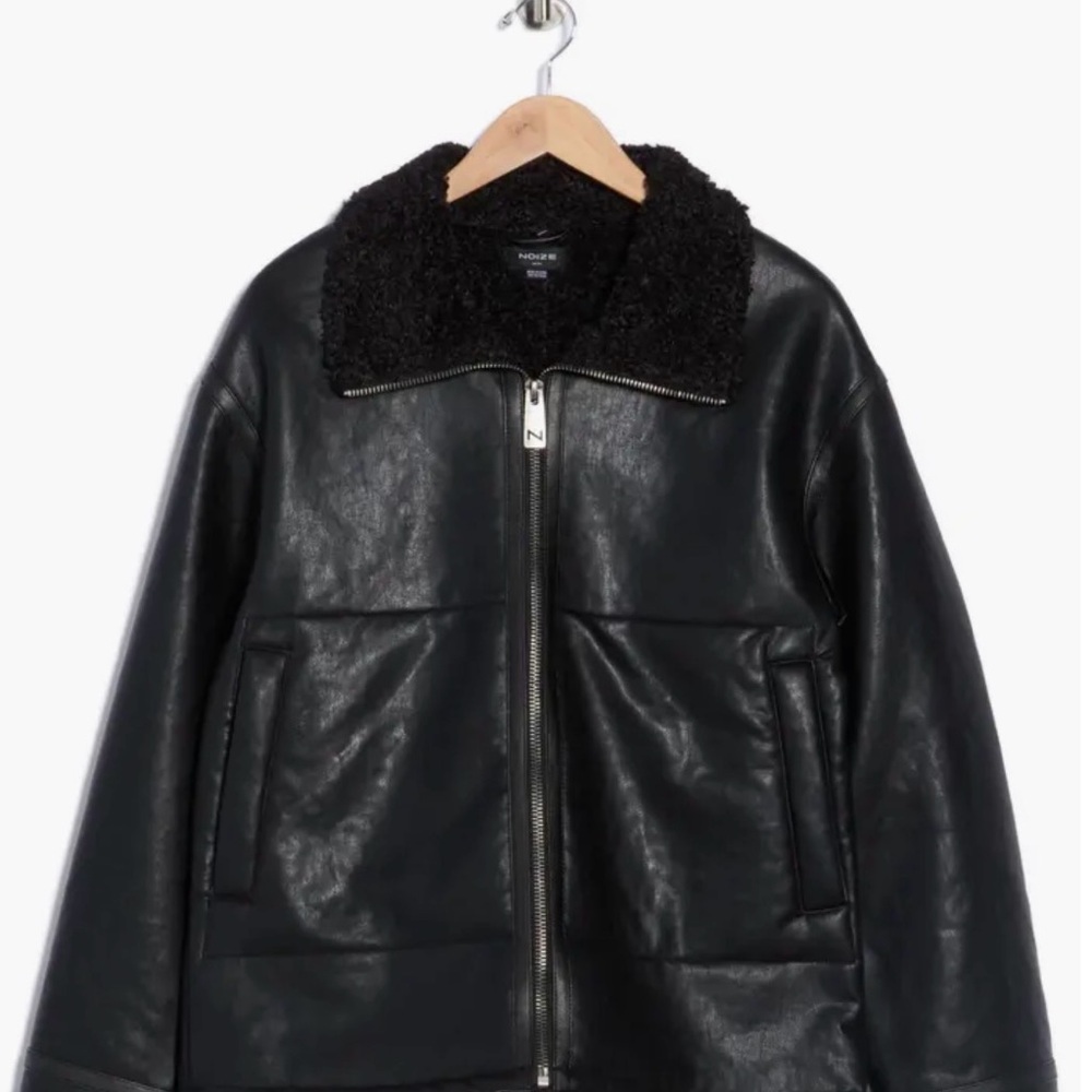 Noize Black Faux Leather Bomber Jacket with Shearling Collar New . L&M available